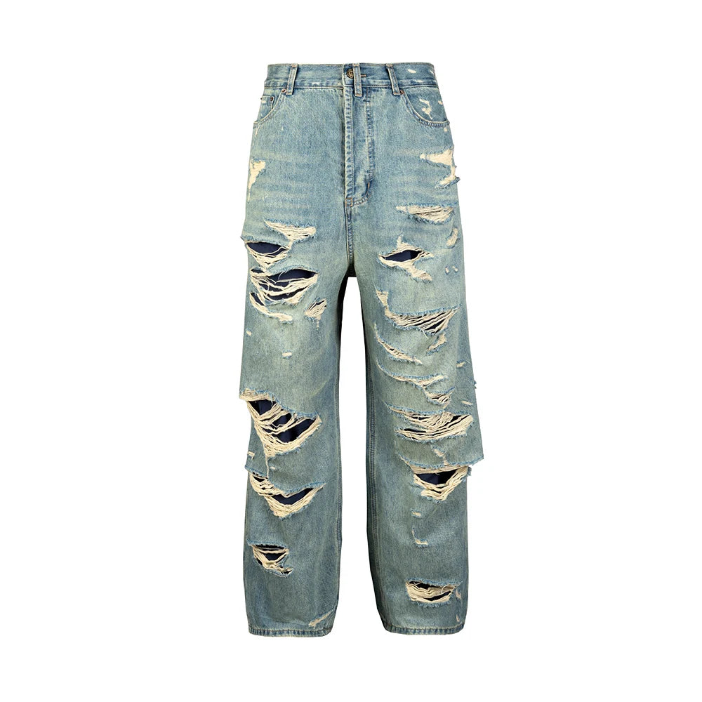 Bonsir Distressed Washed Blue Baggy Wide Leg Jeans for Men and Women Frayed Casual Denim Trousers Oversized Loose Cargo Pants