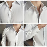 Bonsir Men's Fashion Metal Decorative Embellished Shirt High Quality Bamboo Fiber Fabric Slim Fit Embroidery Long Sleeve Business Shirt