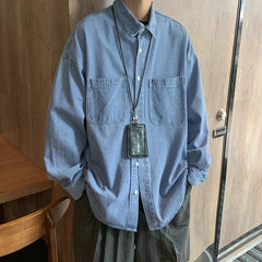 Bonsir Spring Autumn Men's Denim Shirts Pocket Long Sleeve Shirt Loose Fashion Male Jean Blouses Casual Solid Blue Cardigan 4XL