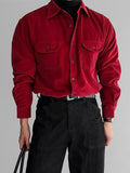 BONSIR  -  Burgundy thin corduroy shirt men's flip double patch pocket high-end mature long-sleeved red shirt men Autumn clothes