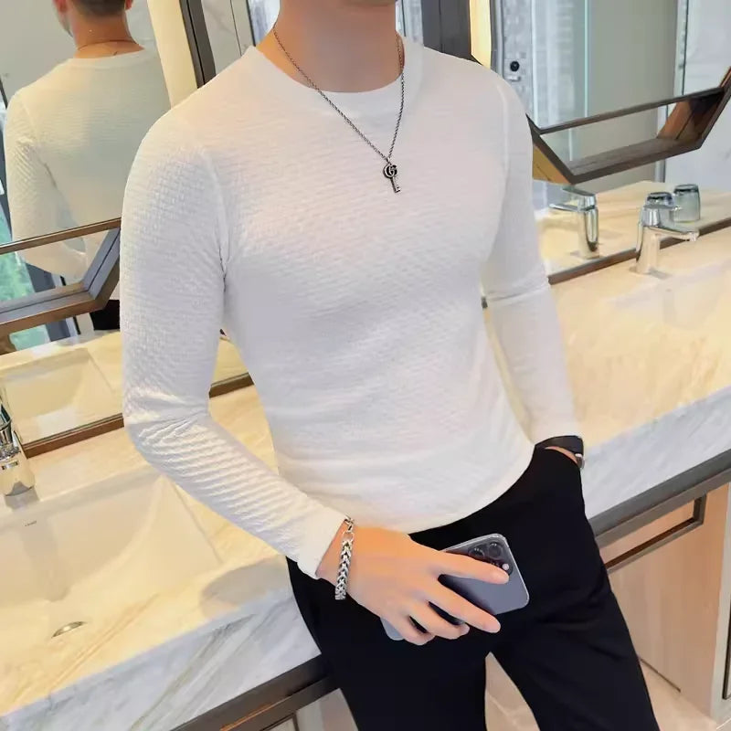 Bonsir Autumn Men's Long Sleeve T-shirt Korean Style Slim Fit Elastic Solid Color Pullover Trendy  Round Neck Versatile T-shirts