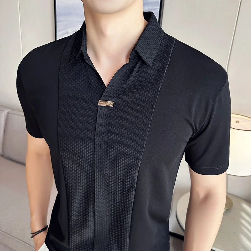 Bonsir Black / White Summer High Elastic V Neck Polo Shirts Men's Waffle Splicing Ice Silk Seamless T-shirt Casual Loose Tops Tees