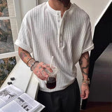 BONSIR  -  Vintage Striped Ribbed Knit T Shirts Mens Casual Henley Collar Buttoned T-shirt Men Spring Summer Fashion Slim Half Sleeve Tees