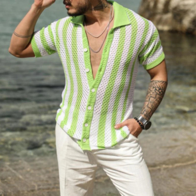 BONSIR  -  Male Collar Button-up Cardigan Social Shirt Men Clothing Hollow Loose T-shirts 2yk Top Fashion Striped Stitch Polos Shirts