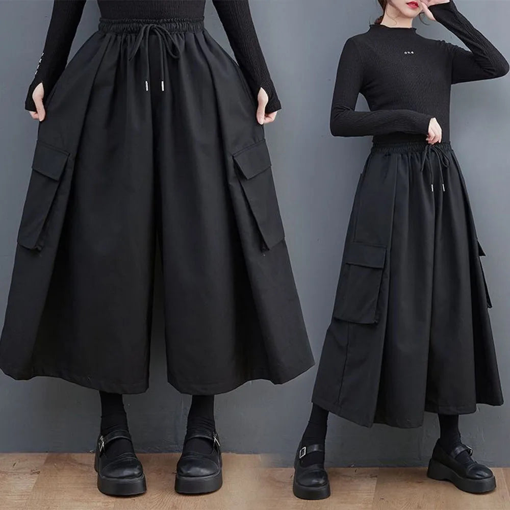 Bonsir Gothic Style Japanese Large Pocket Casual Culottes 2024 New Fashion Loose Daily Versatile Elastic Waist Wide Leg Pants Unisex