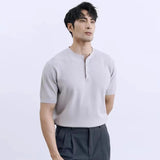 BONSIR  -  New Fashion American Style Men T-shirt Luxury Striped Knitted Henry Collar Tees Casual Solid Color Short Sleeve Breathable Tops