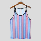 BONSIR  -  Men Tank Tops Striped Colorful See Through Mesh Male Vests Summer Sexy O-neck Sleeveless Fashion Men Clothing Tops 2025