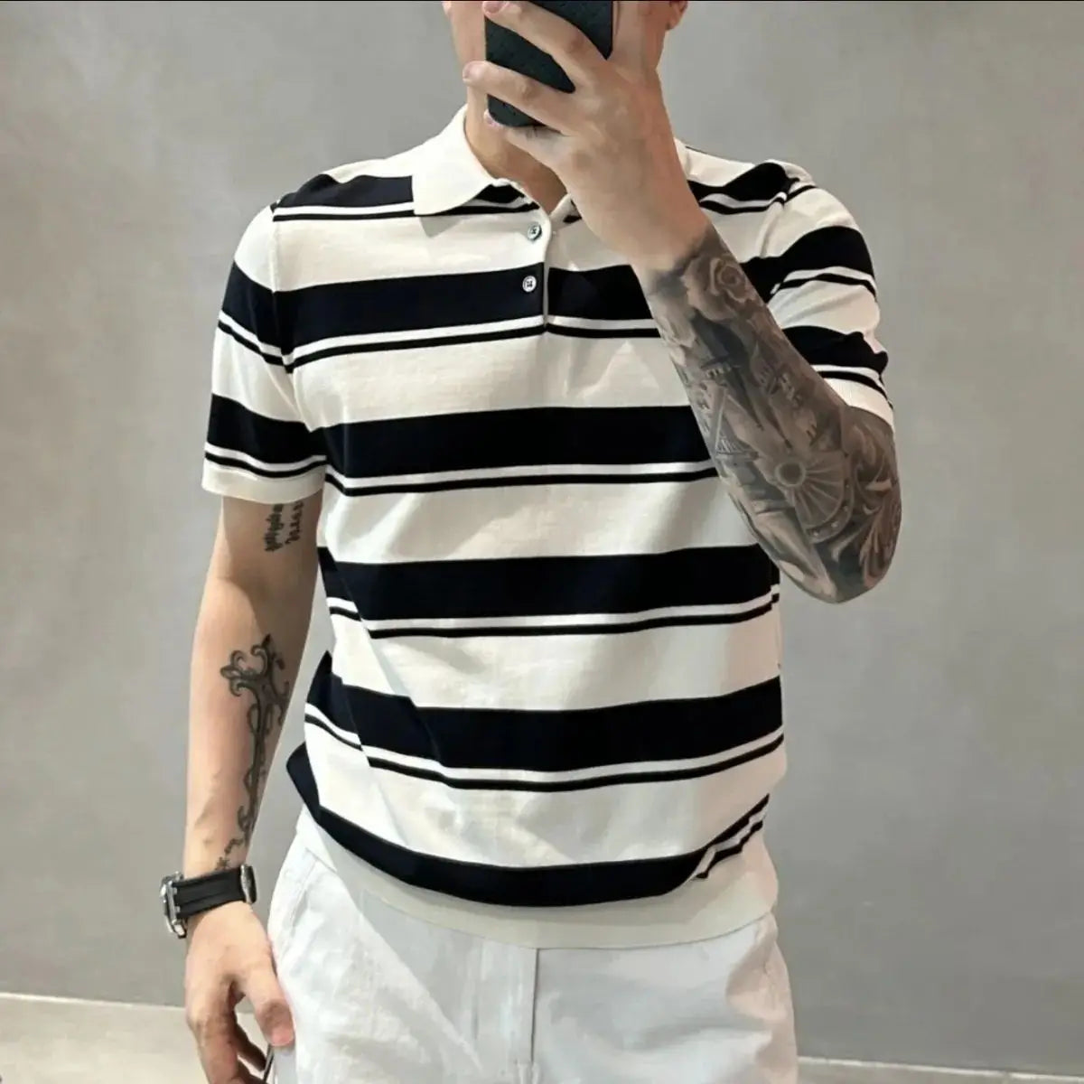 Bonsir Smart Casual Summer Polo Shirts Men Turn-down Collar Striped Contrast Color Button Simplicity Fashion Loose Short Sleeve Tops