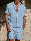 BONSIR  -  Summer Fashion Mens Solid Color Two Pieces Sets Casual Breathable Short Sleeve Linen Shirt And Shorts Suits Men Vintage Outfits