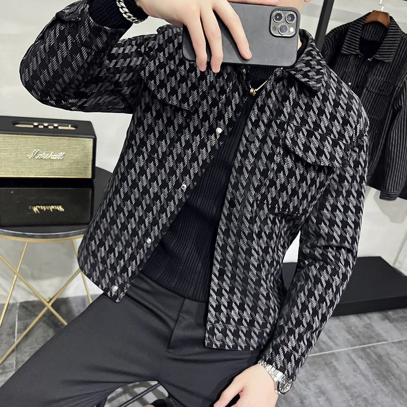 Bonsir Autumn New Men Lapel Jacket Single Breasted Slim Fit Casual Short Coats Streetwear Male Multiple Pockets Social Overcoat