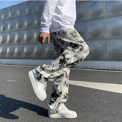 Bonsir Mens Fashion Printed jeans Spring Mopping Trousers Jeans Korean Style High Street Loose Hip Hop Wide-leg Jean Pants