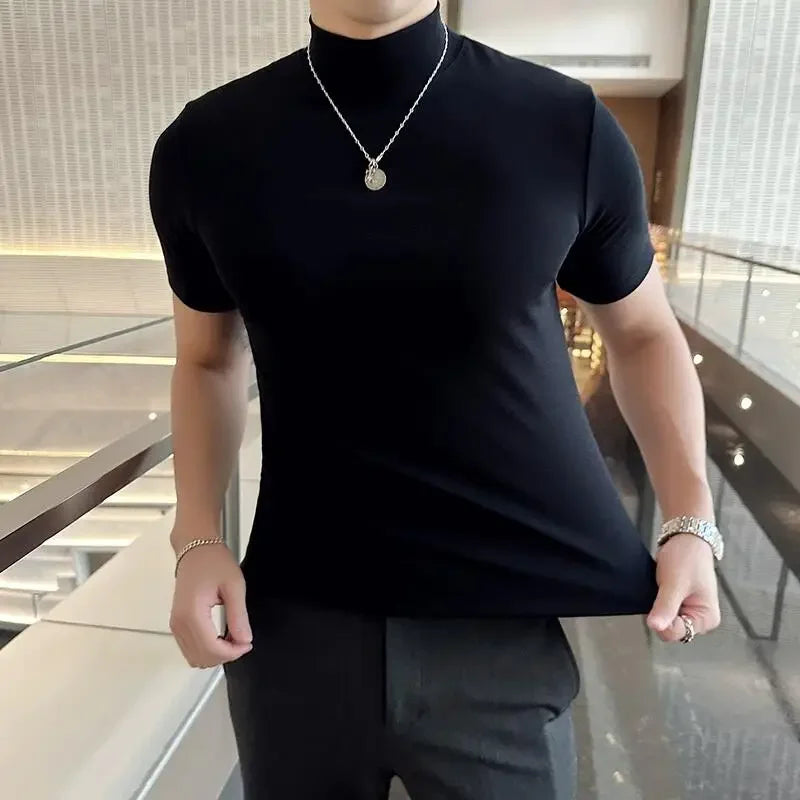 Bonsir Autumn Winter Men's Half High Neck Short Sleeve T-shirt Korean Slim Fit Solid Color Bottom Shirt Casual Cotton Elastic T-shirts