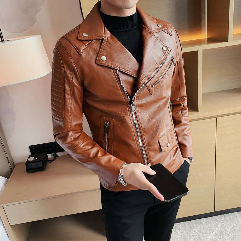 Bonsir Autumn New Oblique Zipper Motorcycle Leather Jacket Men Brand Short Slim Fit Lapel Pu Leather Coat Jackets Streetwear 4XL-M