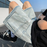 BONSIR  -  Summer New Baggy Denim Shorts Men's Pocket Jeans Elastic Waist Casual Blue High Street Drawstring Short Pants Streetwear