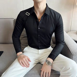 Bonsir Strap Decorative Design Shirt Mens Clothing Korean Long Sleeved Slim Fit Casual Shirts Nightclub Prom Show Dress Shirt