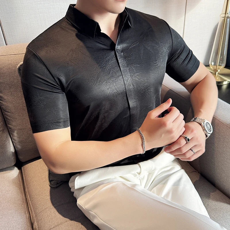 Bonsir New Chinese Style Fashion Jacquard Traceless V Neck Polo Shirt Men Lapel Thin Short Sleeve Lapel Slim Fit Breathable Tee