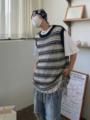 Bonsir Striped Mesh Vest for Men Vintage Knit Tank Tops Sleeveless Tee Male Casual Summer Beach Japanese Streetwear Hip Hop