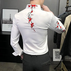 Bonsir Spring Slim Floral Embroidery Long-sleeved Men's Shirts Harajuku Y2K Korean Casual Fashion Trend POLO Collar Tops Male Clothes