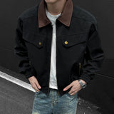 BONSIR  -  American Style Men Jacket Contrast Color Turn-down Collar Patchwork Washing New Autumn Silhouette Loose Male Coat 24K5356