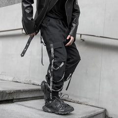 Bonsir Techwear Cargo Pants Men Joggers Black Cargo Trousers for Men Jogging Japanese Streetwear Hip Hop Hippie Gothic Ribbon