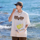 BONSIR  -  Foaming Printing T Shirt Men Women American Retro Loose Summer Casual Letter Print Tee Street Sports Round Neck Half Sleeve Tops