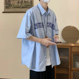 BONSIR  -  Hong Kong Style Men Short Sleeved Shirt Vintage Fashion Letter Print Male Blouse Loose Summer Korean Casual Work Blusas