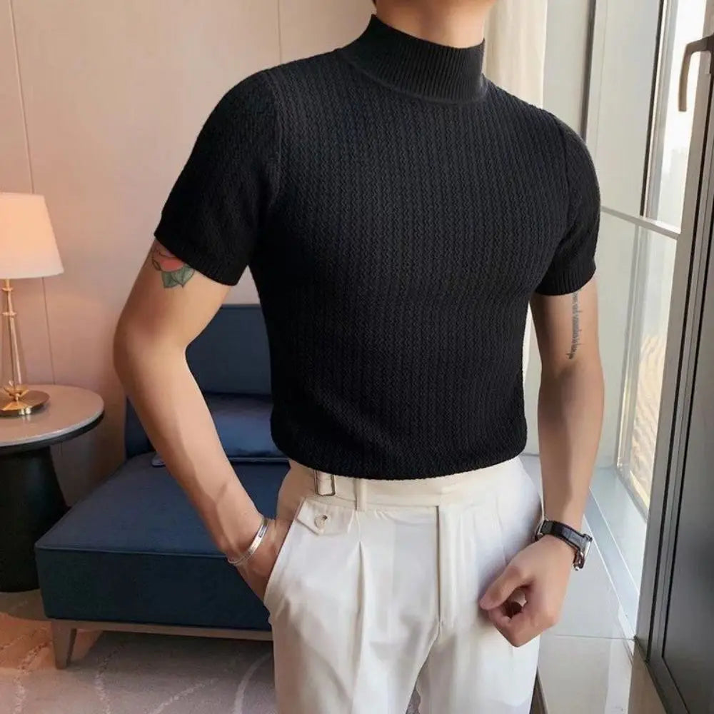 Bonsir Autumn New Short Sleeve Knitted Sweater Men Tops Clothing 2024 All Match Slim Fit Stretch Turtleneck Casual Pull Homme Pullovers