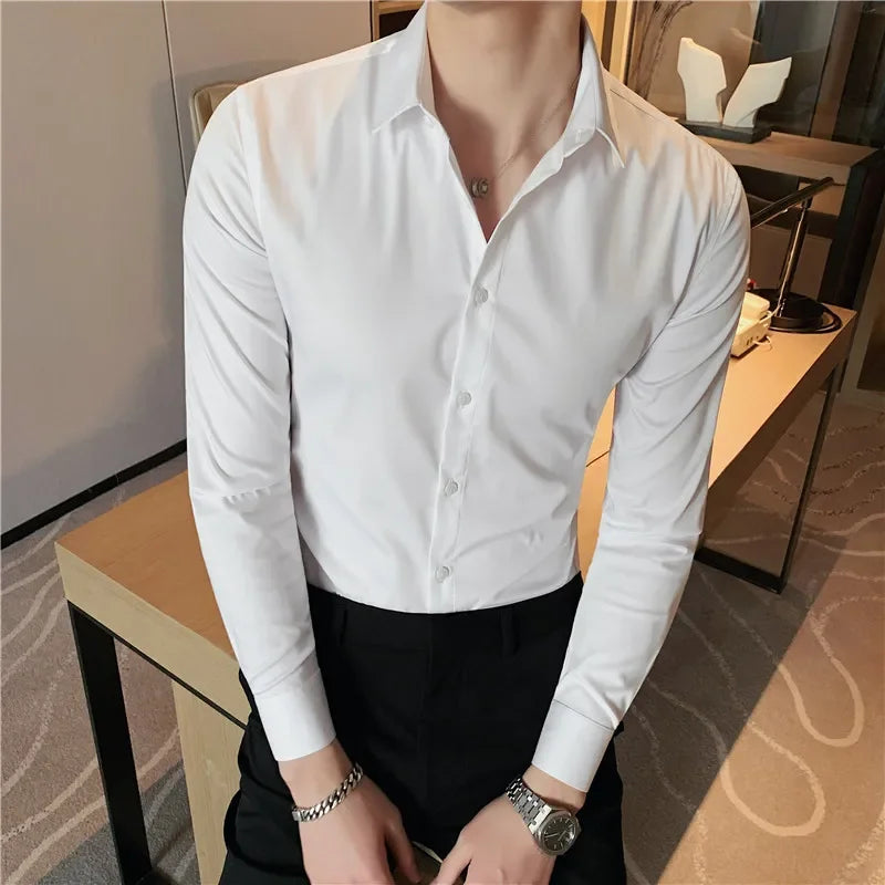 Bonsir 9 Colors High Quality Men Shirt Autumn New Long Sleeve Solid Business Slim Fit Shirts Homme Dress Social Casual Shirt 4XL-M