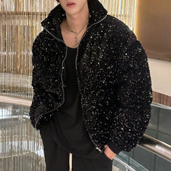 Bonsir Mens sequin casual jacket genderless 2024 new autumn winter fashion personality street trend youth thickened jacket unisex