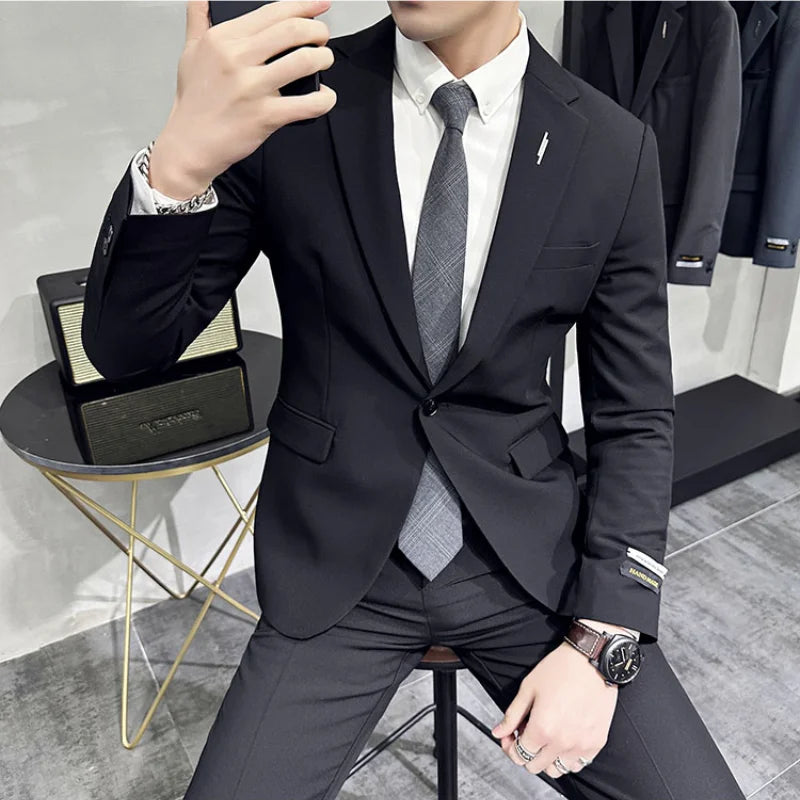 Bonsir (Jacket+Pant) Handsome Casual Beige 2 Piece Suit For Men Wedding Tuxedos Men Slim Fit Suits Business Party Prom Dress Homme 4XL