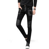 Bonsir Men Black Faux Leather Pants Slim Fit Denim Stitching PU Riding Leather Pant High Quality Fashion Men Jeans Streetwear