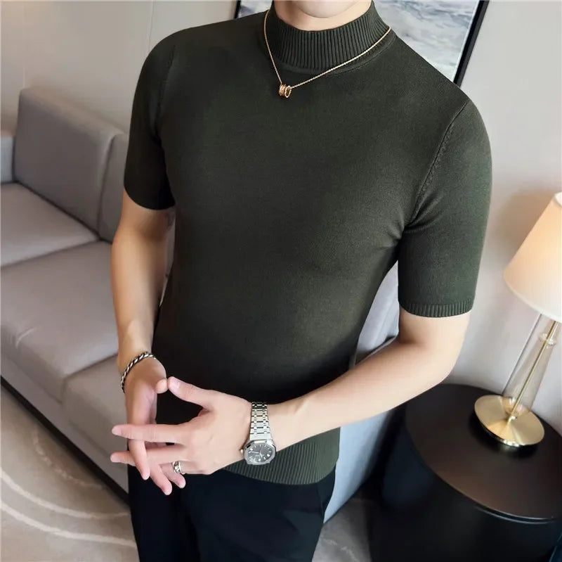 Bonsir Autumn Men's Half Turtleneck  knitted T Shirts Korean version Slim Fit Solid Pullovers Elastic Casual Thin Sweater Men Clothing