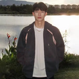 BONSIR  -  Men's Hooded Sweatshirt Coat Retro Contrasting Color Splicing Male Cardigan Autumn High Street Style Loose Zipper Top