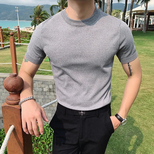 Bonsir British Style Summer Ice Silk Short Sleeve Knitted T Shirts Men Simple Pure Color O-Neck Casual Slim Tee Shirt Top Homme M-3XL