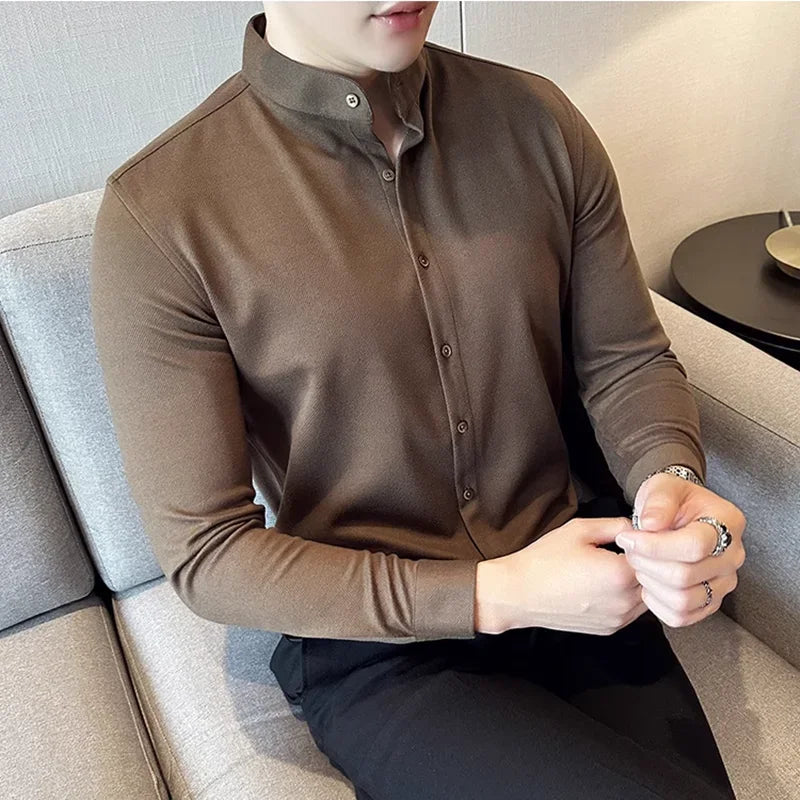 Bonsir Autumn Winter Thickened Woolen Warm Stand-up Collar Shirt High Quality Men Business Slim Fit Casual Shirt Men's Clothing 4XL-M