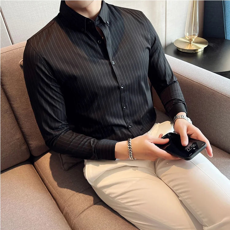 Bonsir Autumn New High Quality Striped Shirts Men Luxury Slim Fit Business Casual Shirt Formal Men Long Sleeve Party Prom Clothing