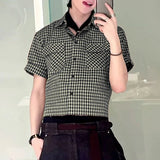 BONSIR  -  Men Plaid Shirt Lapel Short Sleeve Pockets Korean Style Men Clothing Summer Loose 2025 Streetwear Causal Male Crop Tops