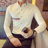 Bonsir Fashion Casual Color Stripes Webbing Decoration Shirts Men's Slim Fit Casual  Long Sleeve Dress Shirt Social Chemise Homme