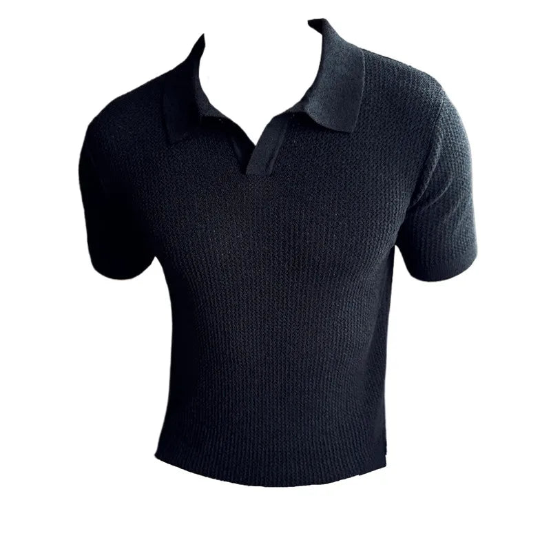 Bonsir Summer Hollow Knitted Short Sleeved Polo shirt Mens Elasticity Mesh Casual T Shirt Male V Neck Slim Fit Breathable Polo Shirt