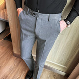 Bonsir Spring Autumn High Waist Smart Casual Dress Pants Men Belt Design Slim Suit Pants Formal Wedding Social Party Mens Trousers