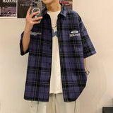 BONSIR  -  Y2k Streetwear Striped Plaid Shirt Men Single-breasted Square Collar Shirts Summer Fashion Casual Camisa Men Chemise Tshirt