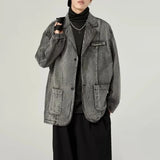 Bonsir Suit Jacket Mens Japanese Fashion Trend Retro Washed Denim Jacket Autumn New Casual Niche Distressed Suit Collar Jacket Top