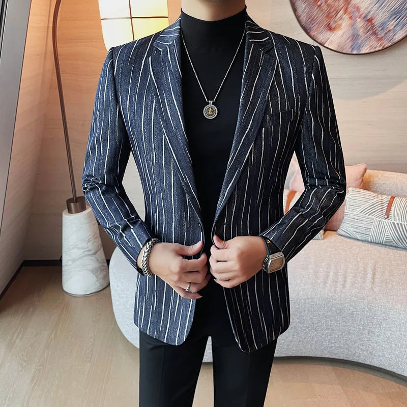 Bonsir British Style Striped Suit Jacket Men‘s Business Slim Fit Blazers Fashion Wedding Groom Social Casual Suit Coat Men's Clothing