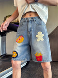 BONSIR  -  Retro hamburger fries towel embroidered denim shorts for men and women loose summer new straight wide-leg five-point trousers