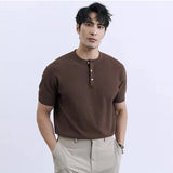 BONSIR  -  New Fashion American Style Men T-shirt Luxury Striped Knitted Henry Collar Tees Casual Solid Color Short Sleeve Breathable Tops