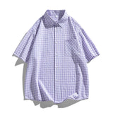BONSIR  -  Japanese Style Checked Short Sleeve Shirts for man: comfortable & skin-friendly fabrics, Jacquard  lapel Summer Top Clothing