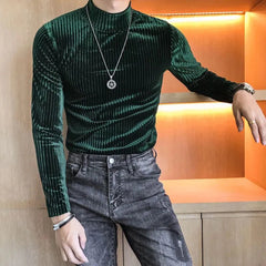 Bonsir Velvet Turtleneck T-Shirt 2023 Spring Fall Slim Striped Casual Tops Men Long Sleeve Tight Tee Shirts Club Costume Camiseta Homme