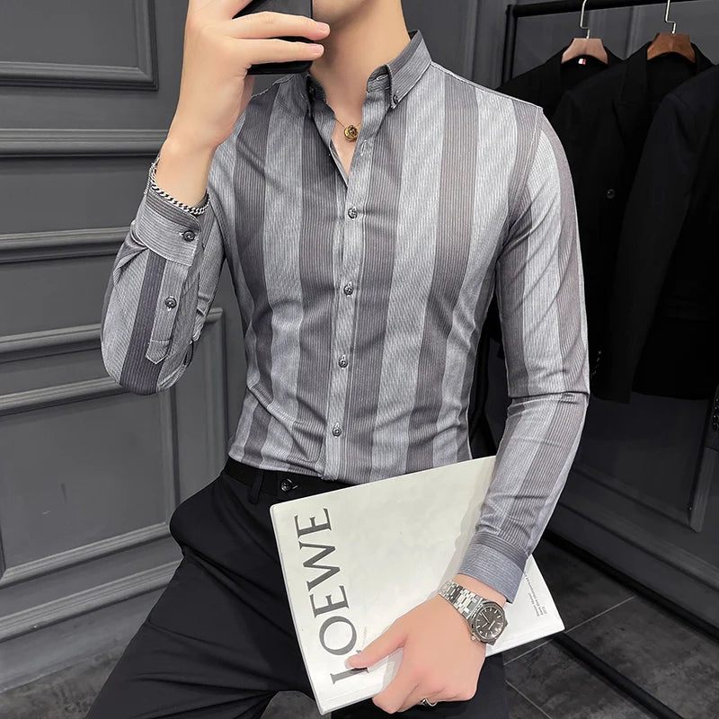 Bonsir Autumn New High Quality Striped Shirt Men Luxury Slim Fit Business Casual Shirt Formal Men Long Sleeve Party Prom Clothing Homme