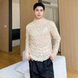 Bonsir Elgance Men's Long Sleeve T-shirts Autumn Trend Sequin Standing Neck Slim Male Tee Fashion Personality 2024 Autumn New