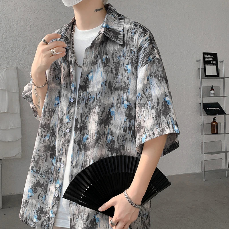 Bonsir Men Ice Silk Smooth Shirt Spring Summer Thin Luxury Loose Korean Casual Shirt Beach Trendy Floral Draping Shirts Plus Size 5XL-M